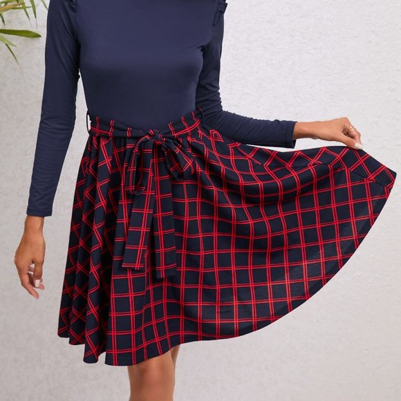 Plaid Tie Waist Ruffle Shoulder Dress - Picture 4 of 9